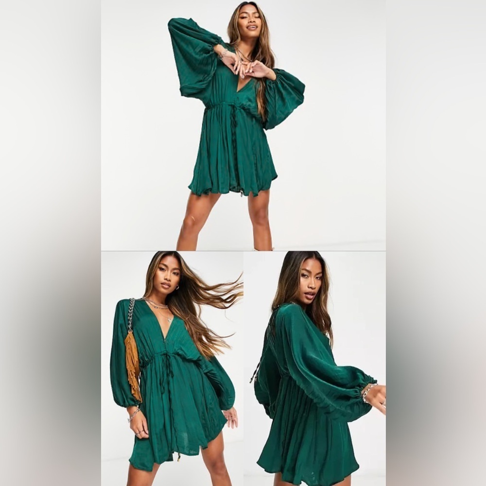 BNWT FREE PEOPLE Arzel Balloon Sleeve Mini Dress- Green
